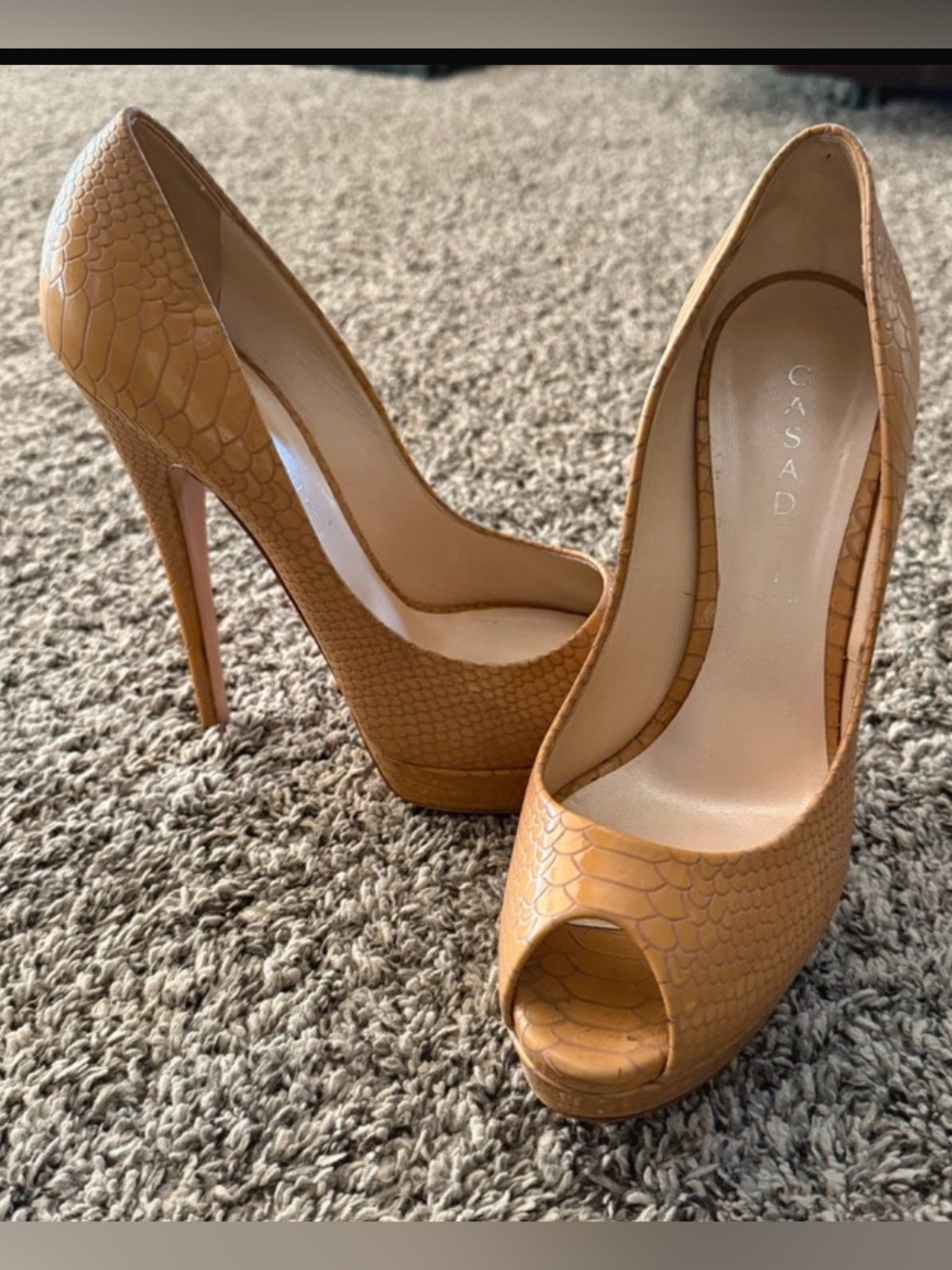Casadei Tan Python Embossed Leather Peep-Toe Platform Pumps - Size 9 🤎